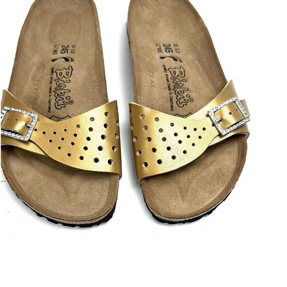 NWB Birkenstock Birkis Sandals Mallorca Gold Slides Rhinestone Buckle EUR 38 US7 - Picture 9 of 13